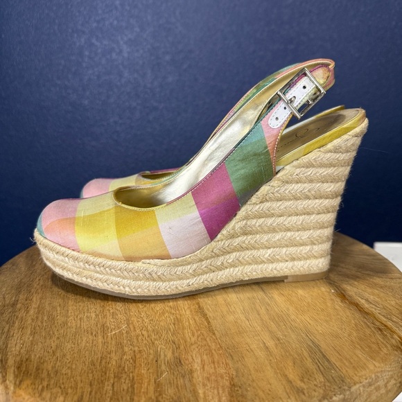 Jessica Simpson Jada Pink, Yellow, & Blue Slingback Wedge Espadrilles, Size 10 - Picture 3 of 7